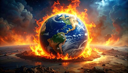 Earth burns amidst desolation; clouds swirl above barren landscape, a visual metaphor for environmental crisis