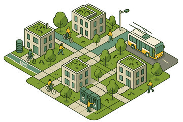 Eco-friendly city block featuring green roof architecture, cycling paths, electric bus, and waste sorting