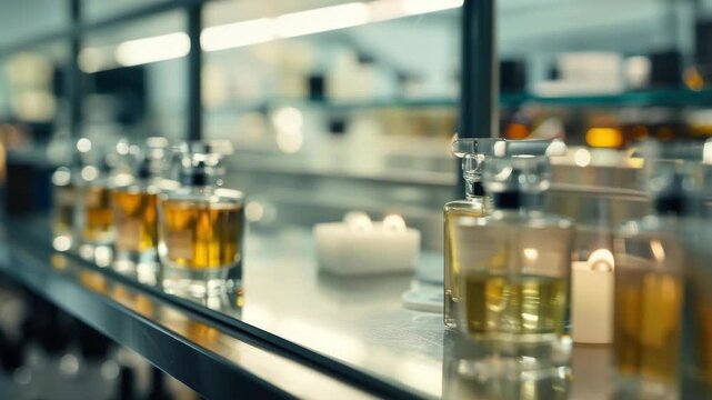 The bartender carefully pours amber-colored whiskey from a bottle into a clear glass, surrounded by other empty glasses and bottles on the counter.