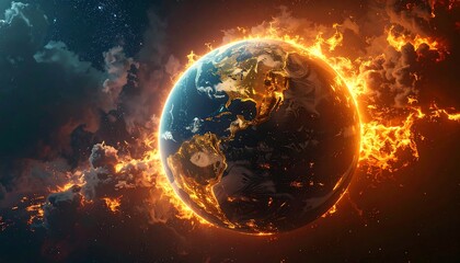Earth engulfed in intense flames and dramatic clouds, emphasizing global warming issues
