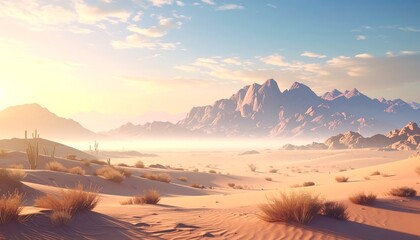 Desert landscape with mountains, cacti, and wispy clouds in a light, warm, and muted color palette