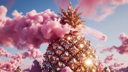 Glistening golden pineapple with crystal facets standing tall in a fantasy landscape, surrounded by soft pink clouds against a clear blue sky, evoking a magical and whimsical digital art scene - Powered by Adobe