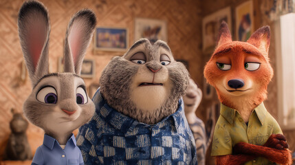 Fototapeta premium Cartoon characters featuring a rabbit, a fox, and a large hare, engaged in a conversation, showcasing vibrant colors and expressive features in a lively animated setting
