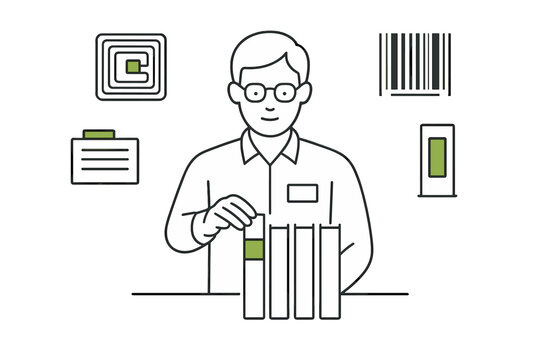 Professional managing data inventory with barcode and RFID tracking symbols