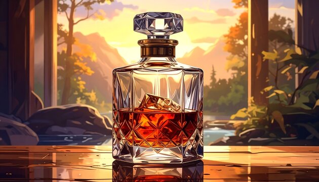 Crystal decanter with amber liquid sits on a surface, backlit by a scenic landscape painting with warm hues