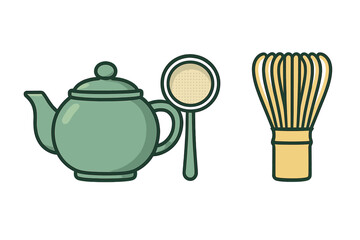 Traditional tea ceremony accessories set featuring teapot sifter and bamboo whisk