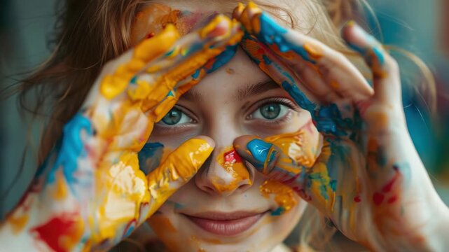 A young person with paint-covered hands, creating a vibrant and colorful visual metaphor for the joy and freedom found in art.