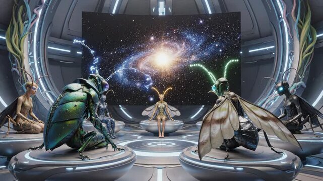 Insectoid alien council in a sleek futuristic spaceship control room, exchanging energy around a holographic galaxy for collective data analysis, strategy and intergalactic decision-making