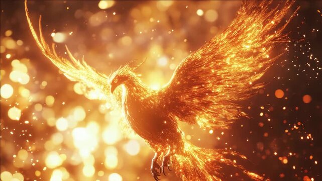 An awe-inspiring of a fiery phoenix soaring through the sky amidst sparks and embers. The bird's wings spread wide, symbolizing power and rebirth.