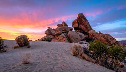 Desert rocks under a vibrant sunset sky with warm tones. Boulders, sand dunes, and sparse vegetation create the vista