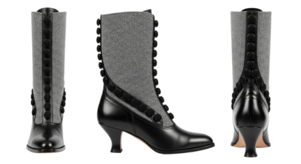 Vintage victorian ankle boots in black leather and grey tweed from three different views set
