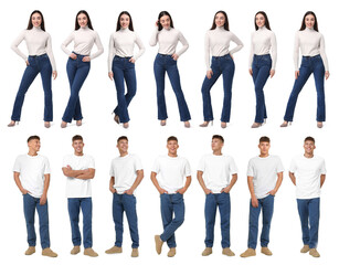 Obraz premium Young woman and man wearing jeans on white background. Set of portraits