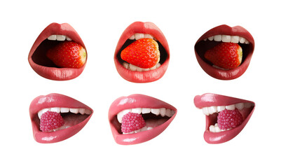 Women holding fresh strawberries and candies in mouth on white background, closeup. Female lips with different shades of lipstick, collage