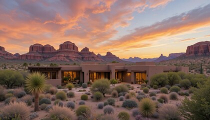 A desert vacation home with a view of red rock canyons, modern architecture blending with nature at sunset.