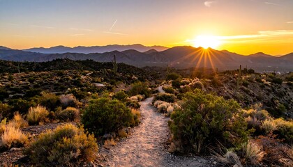 Desert trail meanders as the sun sets over mountain peaks casting golden light