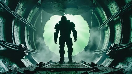 Massive mech smashes through urban tunnel, crushing concrete into rubble and green dust beneath a dark sci-fi skyline, conveying catastrophic power and industrial chaos - Powered by Adobe