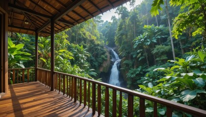 A tropical jungle retreat with wooden decks, waterfall view, and lush greenery all around.