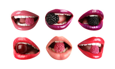 Women holding fresh berries and candies in mouth on white background, closeup. Female lips with different shades of lipstick, collage