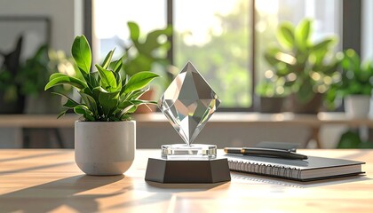 Desk scene featuring a plant, crystal award, notebook, and pen bathed in warm sunlight from a window
