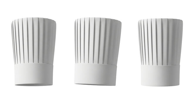 White tall chef hat toque blanche in three different views for professional kitchen uniform