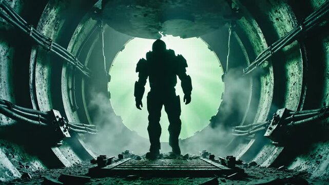 Massive mech smashes through urban tunnel, crushing concrete into rubble and green dust beneath a dark sci-fi skyline, conveying catastrophic power and industrial chaos