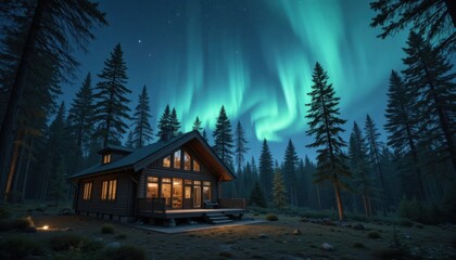 A Scandinavian-style cabin in the forest with floor-to-ceiling windows showing northern lights in the sky.