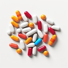 Colorful Pills and Capsules on White Surface, Medical Treatment, Healthcare Concept. Studio Shot