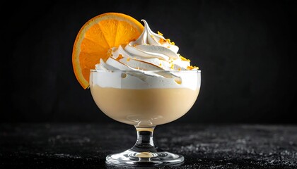 Dessert in glass pale orange liquid, topped with swirls of white cream and orange slice, black backdrop