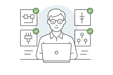 Smiling male programmer successfully finishing technical tasks on laptop computer