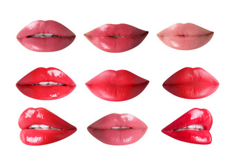 Set of female lips with lipstick isolated on white