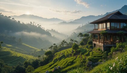 A luxurious hilltop villa overlooking a valley of rice terraces, misty morning scene, tranquil atmosphere.