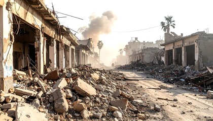 Destruction Ruined buildings and rubble fill a street under a hazy sky, hinting at conflict or disaster
