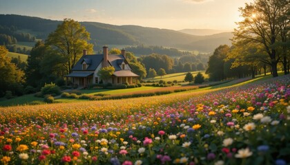 A serene countryside house surrounded by colorful flower fields, green hills, and soft golden sunlight.