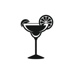 Black silhouette of a margarita cocktail with lime slice and leaf isolated on white background


