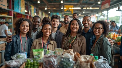 a diverse group of people standing in a bustling market, they're smiling and looking at the camera