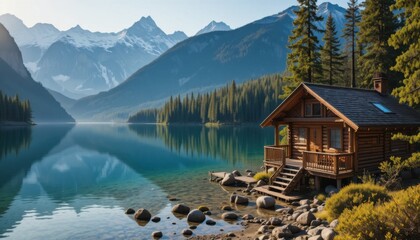 A luxury vacation house on a mountain peak with a breathtaking panoramic view of sunrise and misty valleys, modern glass design, peaceful atmosphere.