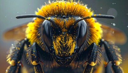 Detailed close-up of a fuzzy black and yellow bee, pollen dusting its face and body against a soft blurred background