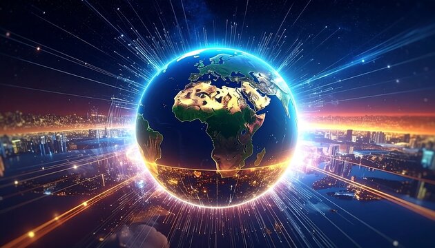 Earth globe, centered on Africa, glows with energy, surrounded by a futuristic city - Powered by Adobe