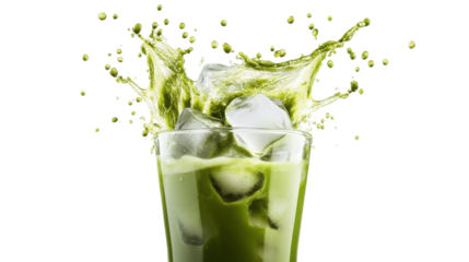 Green liquid splash in glass with ice isolated on a transparent background