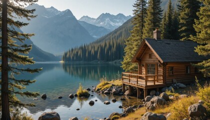 A luxury vacation house on a mountain peak with a breathtaking panoramic view of sunrise and misty valleys, modern glass design, peaceful atmosphere.