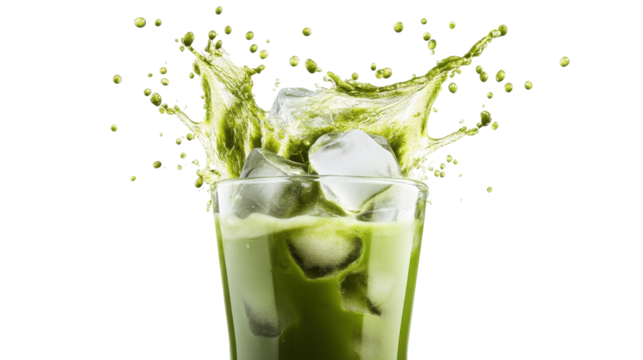 Green liquid splash in glass with ice isolated on a transparent background