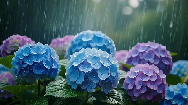 Hydrangea Blooming Time-Lapse with Raindrops in Early Summer