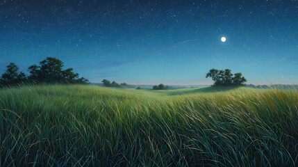 A serene night landscape featuring a grassy field under a starry sky with a bright moon above trees