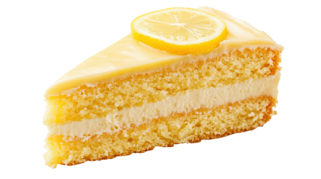 Lemon cake slice with frosting and fruit isolated on a transparent background