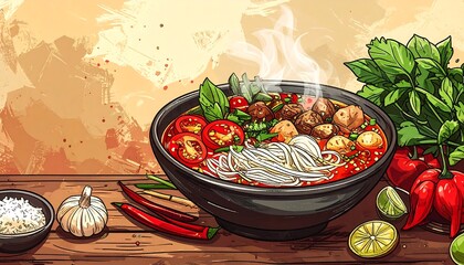 Detailed, colorful illustration of Vietnamese soup bowl with herbs, tomatoes, and chili on a wooden surface