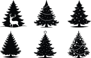 Obraz premium Collection of six silhouette christmas trees with decorative elements