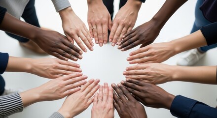Diverse group hands forming circle on white background