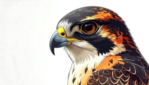 Detailed illustration of a peregrine falcon's head, showing its sharp beak and intense gaze against a white backdrop - Powered by Adobe