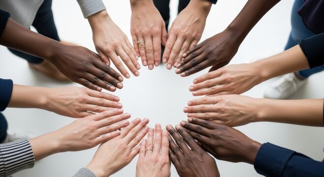 Diverse group hands forming circle on white background
