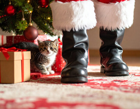 Cute Kitten Hiding Under Christmas Tree Next to Santa's Boots and Gifts